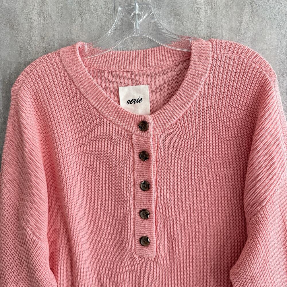 Aerie Knit Oversized Sweater Womens M Pink Cotton Soft 1/2 button Henley Ribbed - Picture 3 of 13